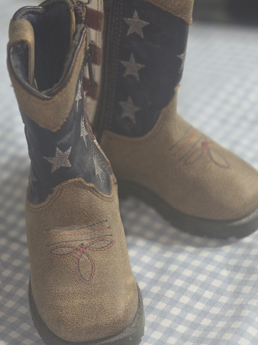 Kids Brown & Navy Star Embroidered Western Boots - Youth Pull-On Style